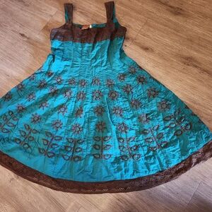 Turquoise Embroidered Midi Dress with Brown Trim